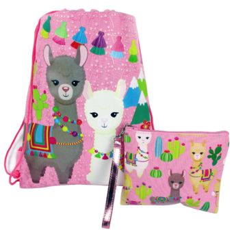 Llama Drawstring Backpack With Matching Wristlet - Pink