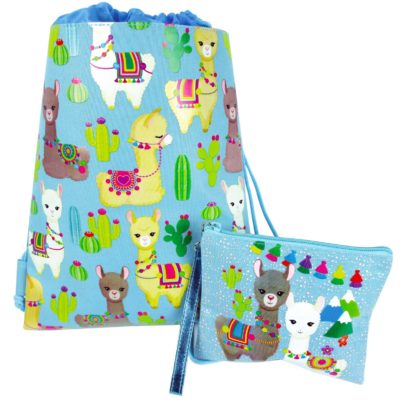 Llama Drawstring Backpack With Matching Wristlet - Blue