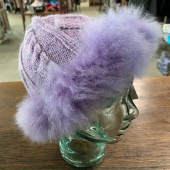 Purple Diamond Cable Knit Hat with Fur Trim in 100% Alpaca