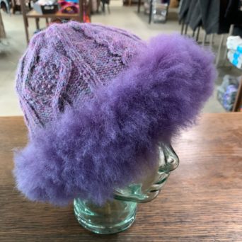 Dark Purple Cable Knit Hat with Fur Trim in 100% Alpaca